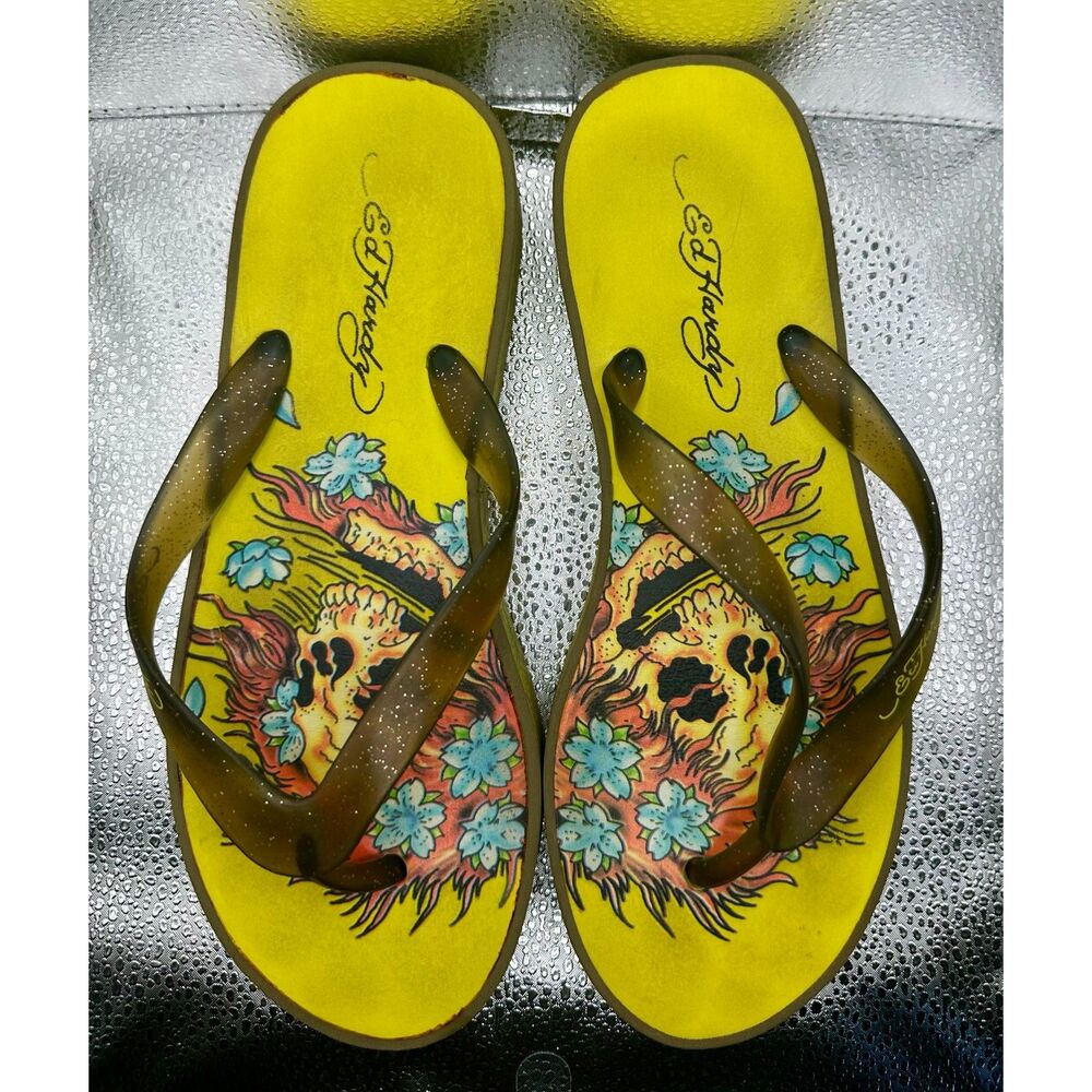 Vintage Ed Hardy Platform Wedge Flip Flops Yellow Skull Roses Y2K Size 7/8 EUC